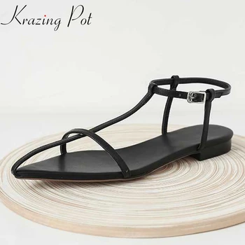 

Krazing pot high street fashion natural leather pointed toe low heel beauty lady daily wear buckle strap cozy sandals women L32
