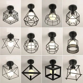 

Vintage Nordic Metal Ceiling Lights Loft Black Iron Cage Led Ceiling Lamp Geometric Shape Iron Cage House Lighting For bedroom