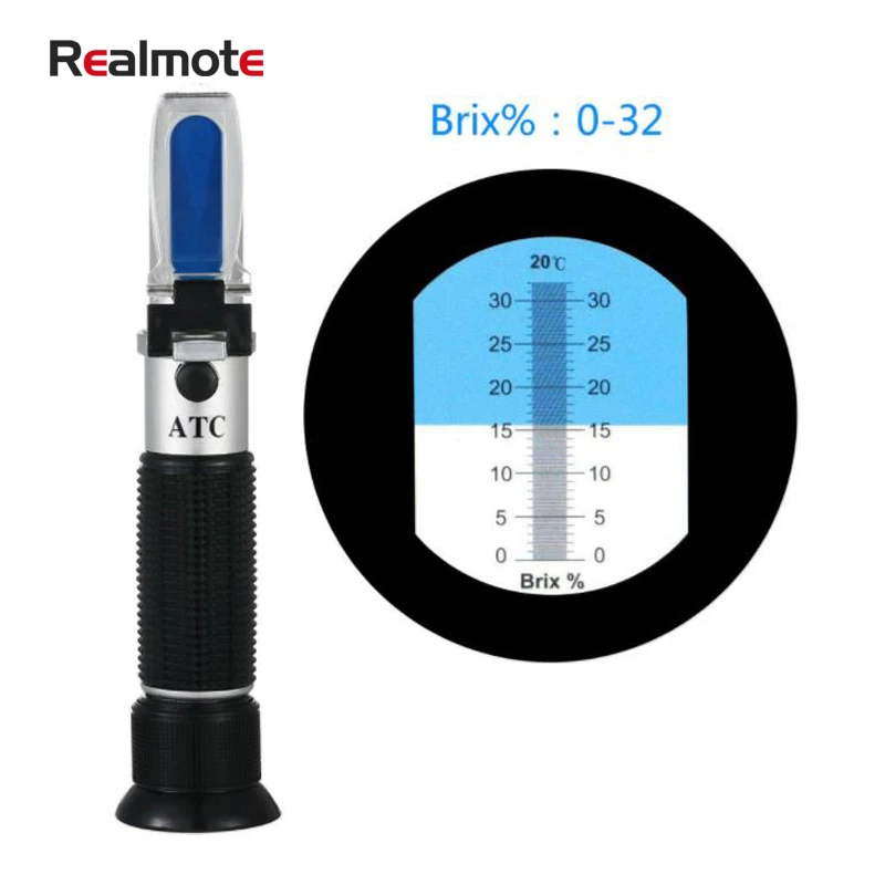 

Realmote Brix Refractometer 0~32% RHB-32ATC Optical Sugar Food Beverages ATC Content Meter Tool Test Handheld