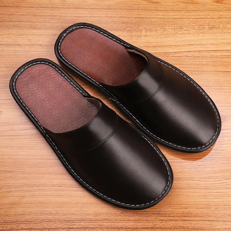 

PU slippers men's autumn house shoes unisex brown black indoor anti-slip slides leather slippers man footwear