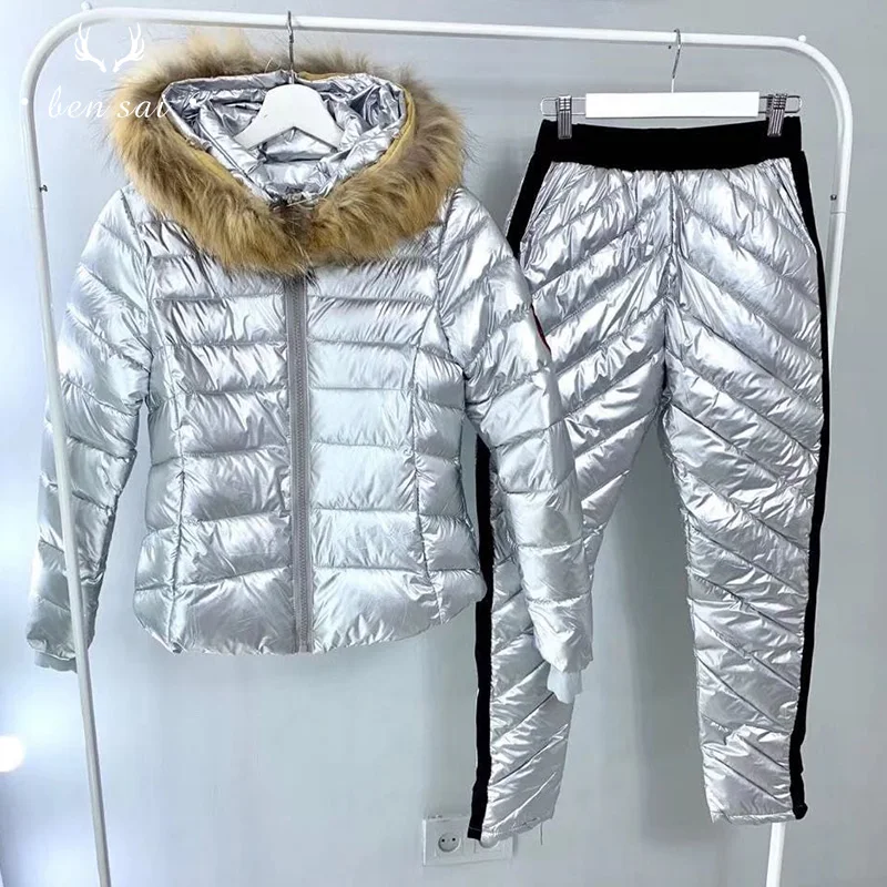 Женские новые модные меховые Утепленные Пальто с капюшоном, комплекты брюк, Дамское повседневное теплое пальто Parker, хлопковые брючные костюмы, женские куртки, зимние