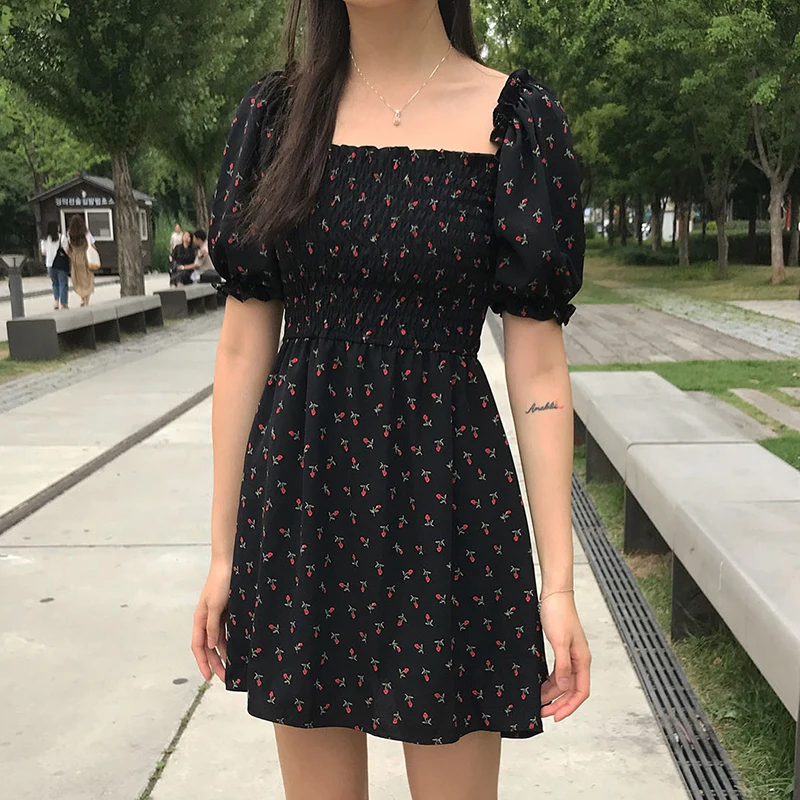 Шифоновое платье с цветочным рисунком и квадратным воротником, ТРАПЕЦИЕВИДНОЕ черное платье в стиле бохо, Vestidos Verano 2020, корейское Ретро милое платье в стиле Харадзюку|Платья|   | АлиЭкспресс