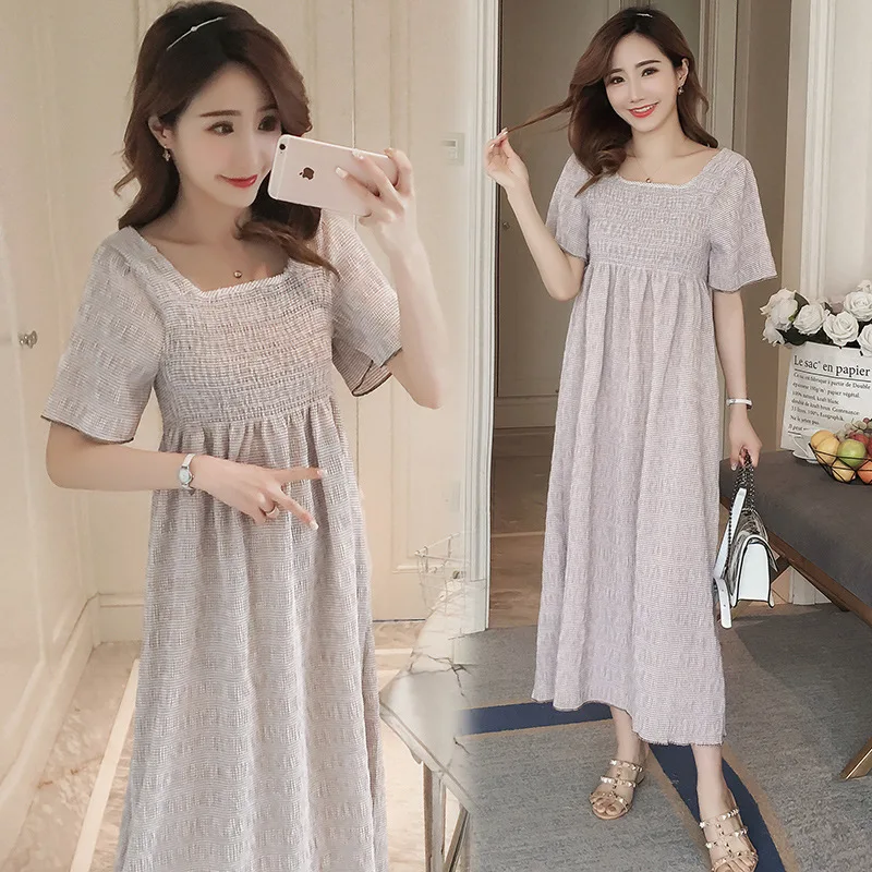 

Summer Wear New Style Pregnant Women Mid-length Fashion Loose Pregnancy Tops Sweet Short Sleeve High-waisted Retro Pleated Cream