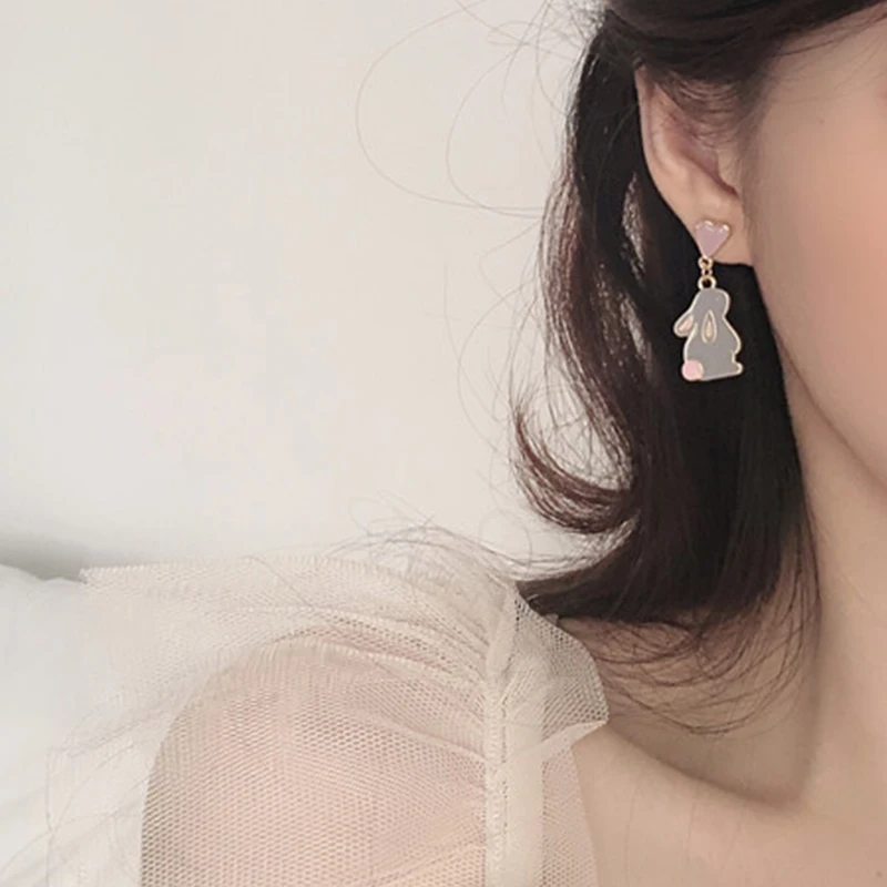 Korean Style Flower Cute Animal Dangle Earrings For Women Moon Stars Kitten Rabbit Balloon Asymmetric Earring Party Jewelry Gift