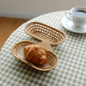 

Handmade Rattan Food Tray Bread Serving Plate Towel Small Stuff Storage Woven Organizer Picnic Baskets Home Kitchen Table Decor