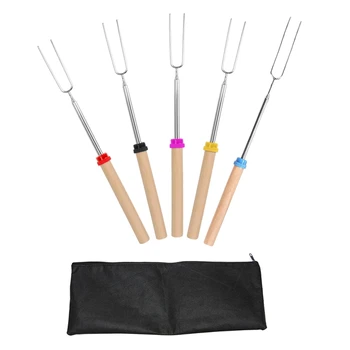 

5Pack Marshmallow Roasting Sticks with Wooden Handle Extendable Forks Telescoping Skewers for Campfire Firepit and Sausage BBQ,