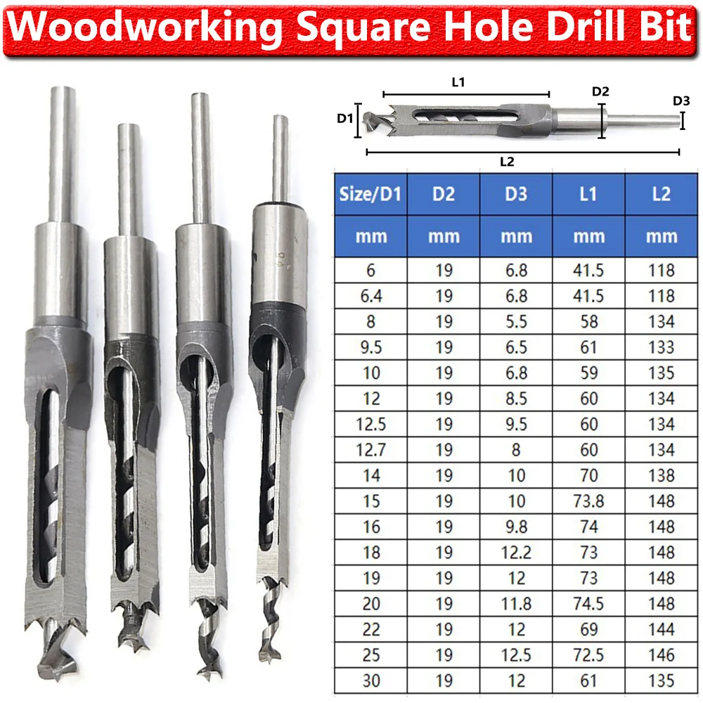 4/6PCS Woodworker Square Hole Drill Bits Mortising Chisel Set Woodworking Hole Saw Mortising Chisel Drill Bit Tool Set D30