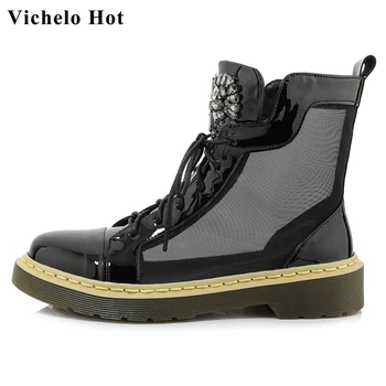 

Vichelo Hot natural leather air mesh sunscreen breathable shoes round toe med heel rhinestone beauty lady summer ankle boots L87