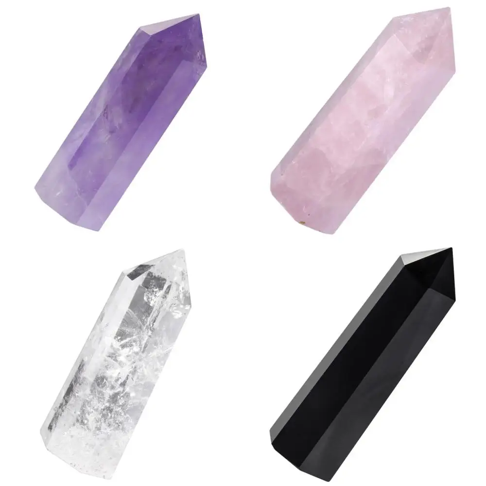 TUMBEELLUWA 4 Pcs Healing Crystal Wands Single Self Stand Point 6 Faceted Reiki Stone for Meditation Therapy Decor 1.88 inches natural rock quartz titanium coated healing crystal wands 6 faceted single point reiki chakra meditation home decor
