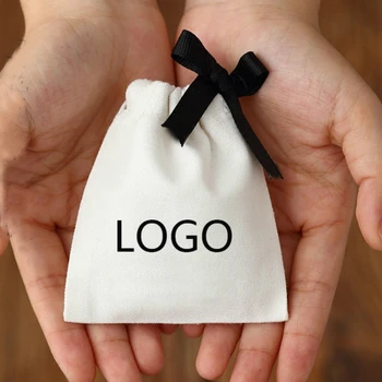 

50PCS Canvas Gift Bags with Ribbon Packaging Jewelry Makeup Cotton Canvas Drawstring Pouch Wedding Party Sachet Print Logo