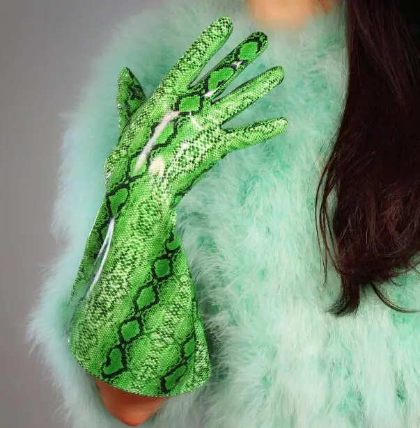 snake green Женская модная Перчатка из искусственной кожи с широким рукавом, женские вечерние длинные перчатки в черную полоску 38 см R2472 - Цвет: snake green