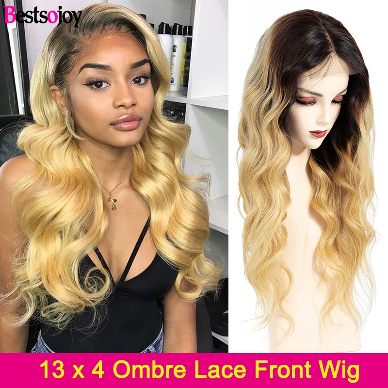 [Bestsojoy] объемная волна 13x4 фронта шнурка "-24" М Remy человеческие волосы парики Ombre 1B/27 объемная волна фронта шнурка al парик 150% Плотность