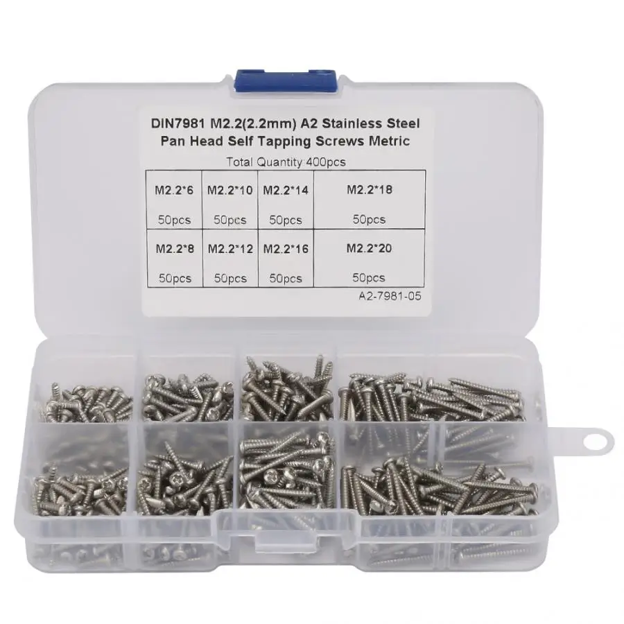 

400Pcs/set M2.2 Stainless Steel High Strength Self Tapping Screws Assortment Kit
