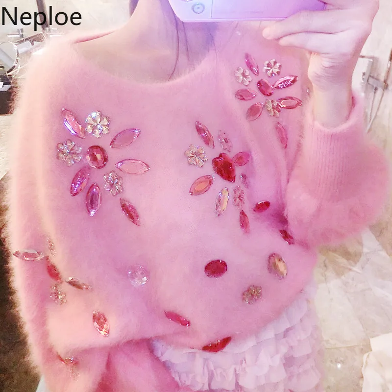 Neploe Korean Heavy Work Beading Imitation-water-Velet Sweater O Neck Long Sleeve Solid Sequin Pull Femme Outwear Pullover 47424 | Женская