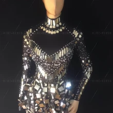Блестящее Серебряное платье с зеркалами и камнями; яркое боди-костюм для певицы и танцовщицы; цельное платье для ночного клуба; Платья для вечеринок