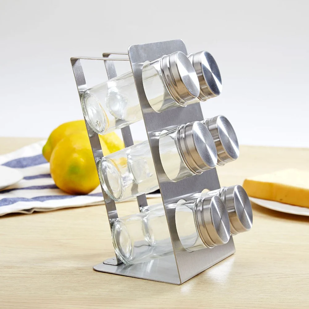 New 6Pcs Kitchen Clear Glass Seasoning Salt Pepper Sugar Jars+ Stainless Steel Rack