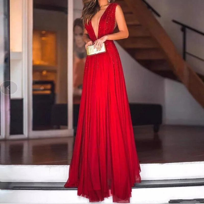 

Elegant V Neck Red Evening Dresses Vestido De Festa Longo abendkleider robe de soiree Long Evening Dress Beaded Formal Gown
