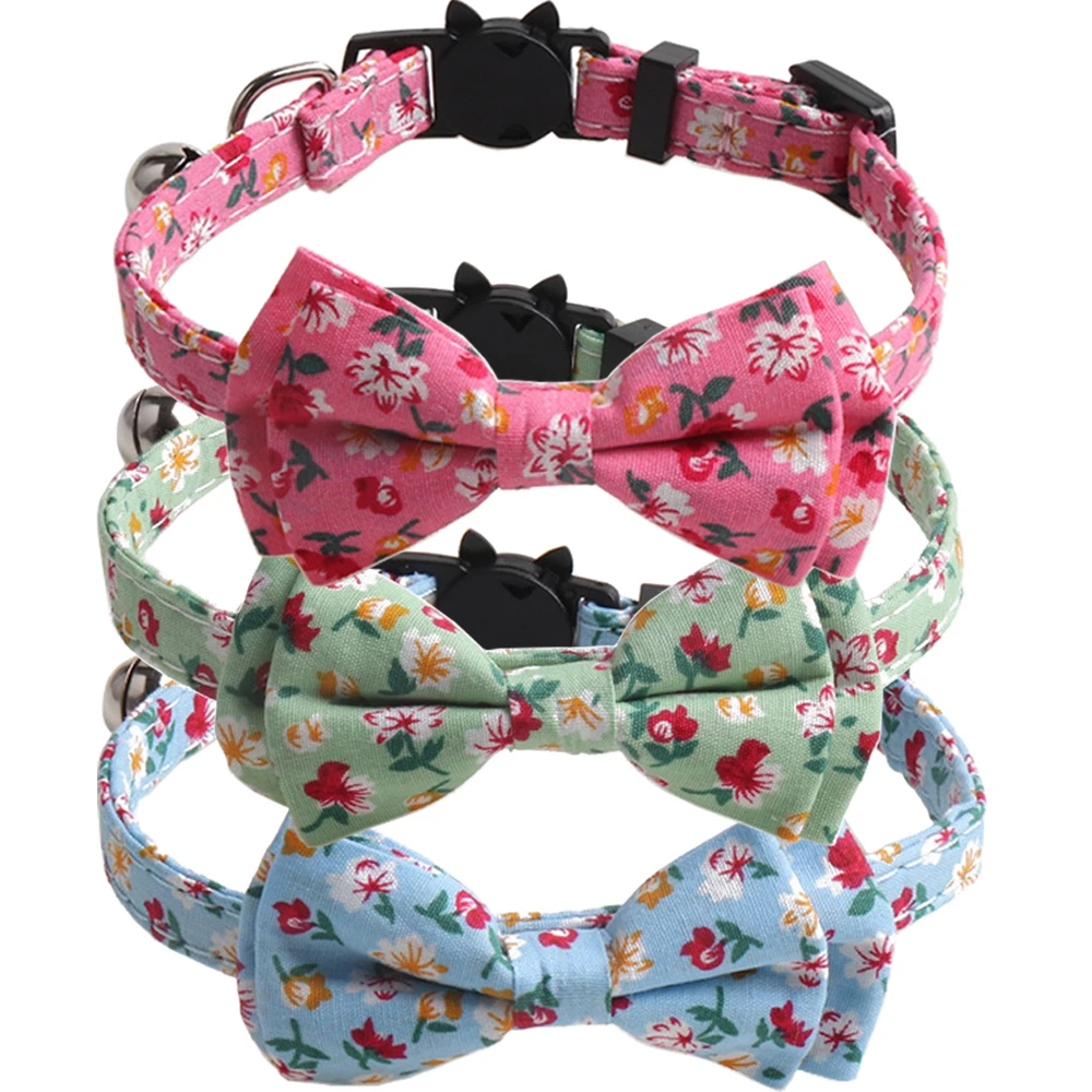 Bow Tie Cat Collars Breakaway with Bell Flower Floral Pattern