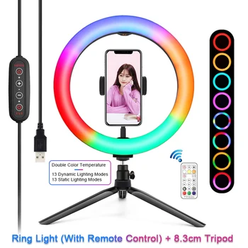 

PULUZ PU504B PKT3082B 10.2 inch LED Ring Light Phone Holder Photography Fill Light Tripod Dimmable RGB Selfie Ring Light Remote