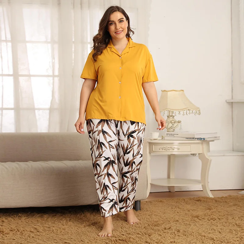 

DOIB Plus Size Pajamas Set Women Lapel Leaf Print T-Shirt+Long Trousers Large Size Homewear Two Pieces Suit Nightwear Sleepwear