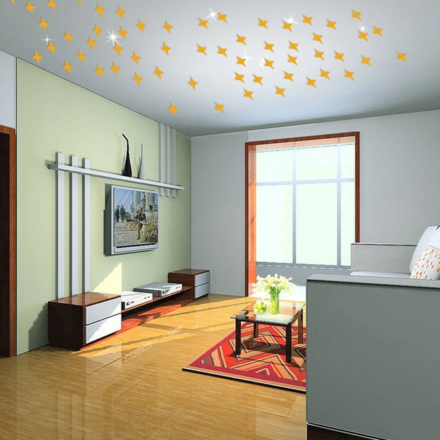 50pcs/lot Star Shaped Removable 3D Acrylic Wall Stickers Living Room Bed Room Ceiling Mirror