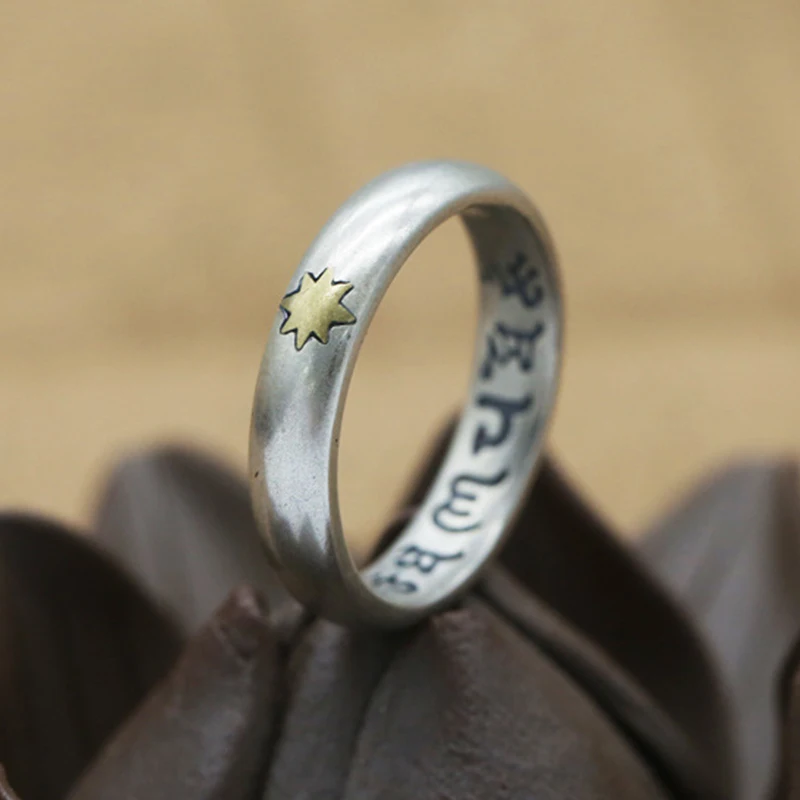 

S925 Sterling Silver Jewelry Men and Women Couples Ring Ring Six Character Mantra Thai Silver Star Fashion Ring