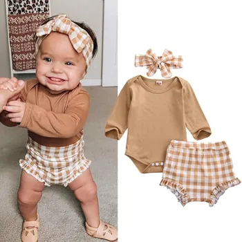 

Casual infant baby girl clothes 3Pcs long sleeves comfortable conjoined top+ ruffled plaid shorts + headdress newborn girl suit