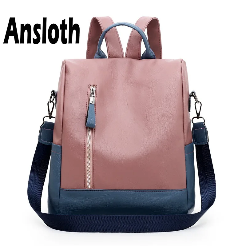 

Ansloth Panelled Color Backpack Women Quality PU Leather Schoolbag Ladies Zipper Backpack Female Big Travel Bag Backpack HPS730