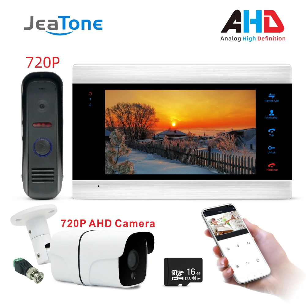 WiFi Smart JeaTone видео домофон дверной звонок Система дверной динамик 720P AHD панель вызова+ 7 дюймов HD монитор+ 720P AHD камера - Цвет: AHDP202S1M706S1-C16G