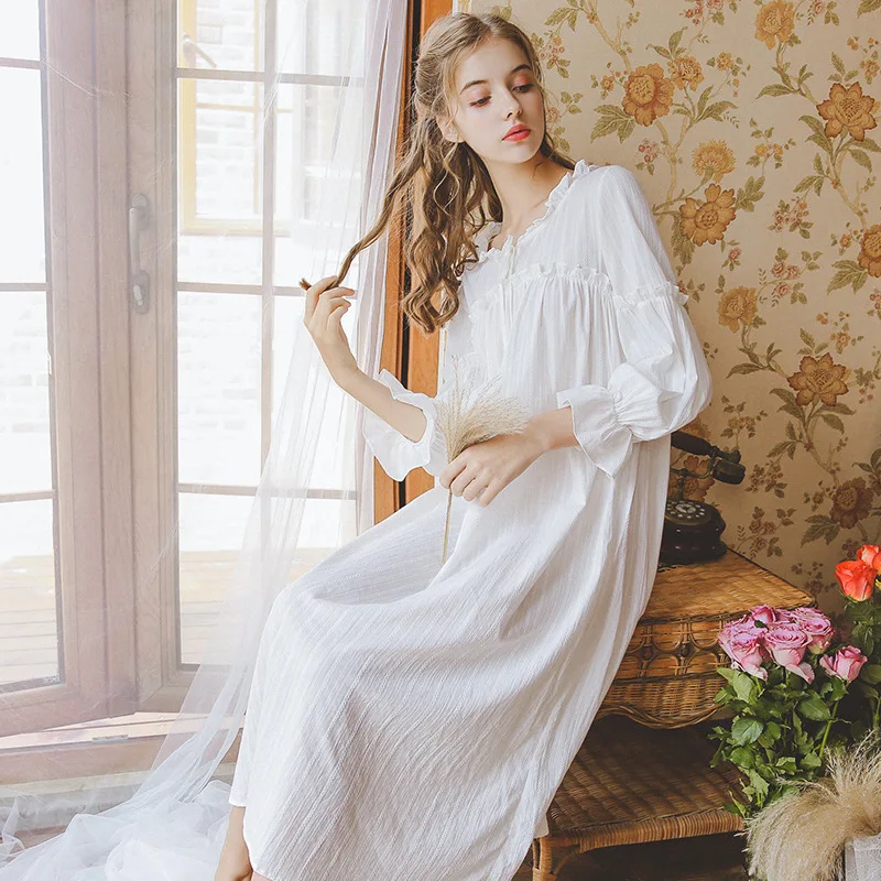 Womens Spring and Summer Sleeping Dress Princess Palace Vintage Night Gown Viscose Long Sleeves White Sleep Wear Sleepshirts