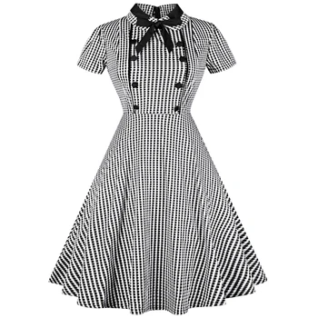 

Elegant Plaid Vintage Dress Women Peter Pan Collar Short Sleeve 60s Rockabilly Robe Party Dress Bowknot Vestidos De Robe