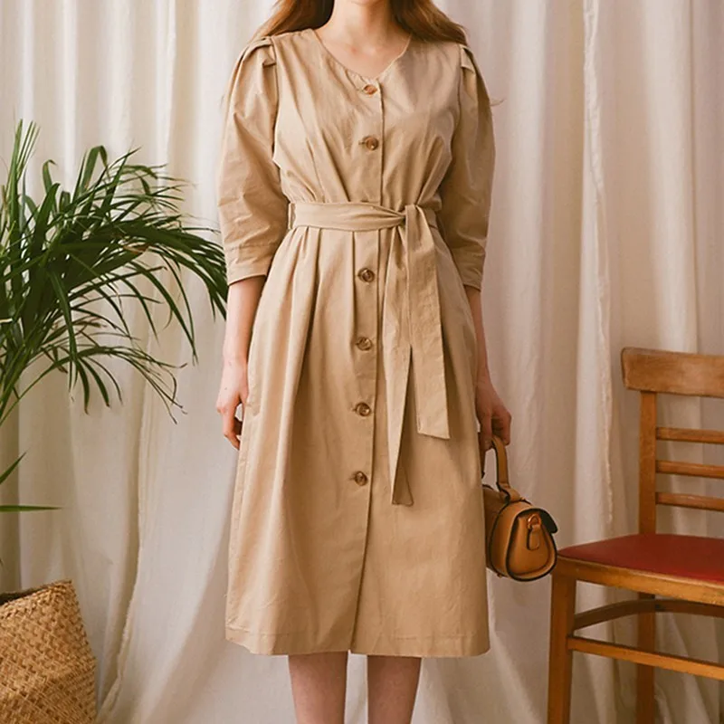 

Elegant V-neck Belt Waist Hugging Dress Half-sleeve Shirt Versatile A- line Skirt Female Spring 2019 New Style Mid-length Skirt
