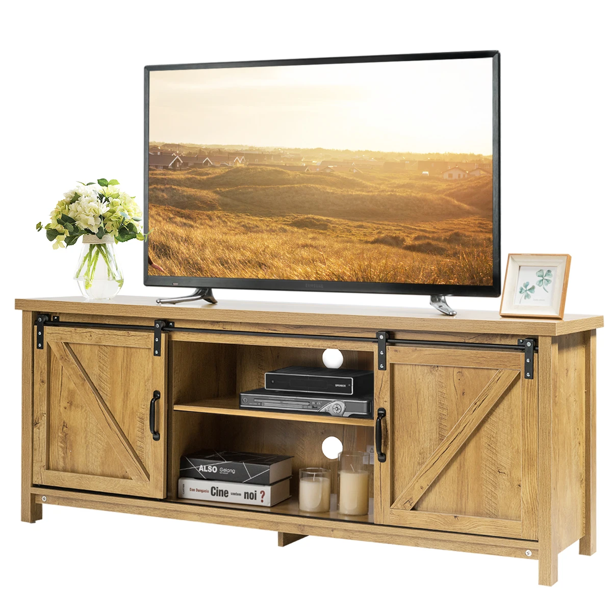

Costway TV Stand Media Center Console Cabinet Sliding Barn Door for TV's 60'' Rustic Oak
