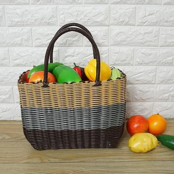 

Plastic Knitting Basket Bag Patchwork Mix Color Vegetable Basket for Kitchen Pet Baskets Women Shopping Bag Storage Organizer