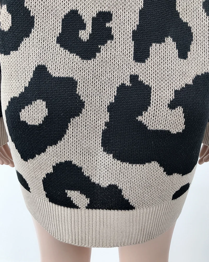 Sweater Girls Long Section Two Pocket Leopard Print Cardigan