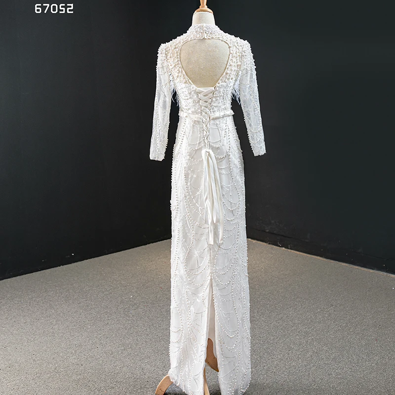 J67052 JANCEMBER Wedding Dress Feather Long Sleeve Backless Pearl Sashes Removable Train High Neck Luxury Elegant White Dress 5