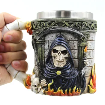 

Creative Skull Death Cup 3D Coffee Mug Resin Tankard Viking Skull Death Double Wall Christmas Cup