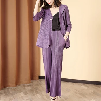 

Pant Suits For Women 45-75kg 2020 Spring Elastic Loose Miyake Pleated Solid Color Single Button Coat + Wide Leg Pants 2 Piece