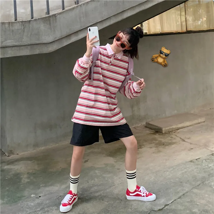 Tops women ins sweet lapels striped long sleeves summer Korean fashion loose oversize sets of Harajuku BF casual women T-shirt