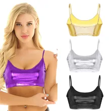 Женская Блестящая металлическая рейв танцевальная укороченная майка, топы с глубоким u-образным вырезом и низкой спинкой на бретельках, майка, укороченный топ, купальный костюм