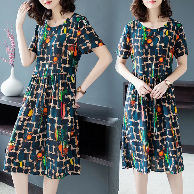 

Summer New Style Fashion Short Sleeve Floral Printed Dress WOMEN'S Dress Korean-style Elegant Mid-length Loose-Fit A- line Skirt