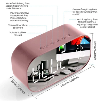 

New Alarm Clock Radio,Wireless Bluetooth Speaker,Usb Charger,Tf Card Play, Thermometer, Large Mirror Led Dimmable Display Aux-In