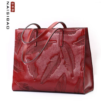 

NAISIBAO 2020 New women Genuine Leather bag Embossed Top cowhide fashion luxury handbags designer women leather shoulder bags