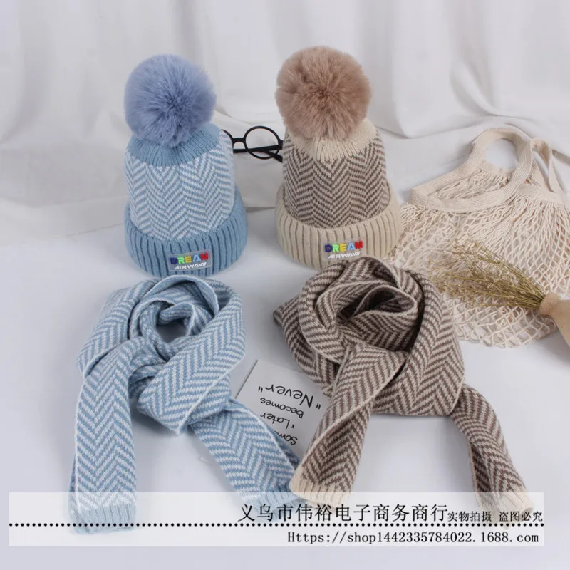 Корейская версия, твиловая детская шапка, шарф, набор, Осень-зима, новинка, плюс бархат, утолщенная теплая шапка для мальчиков и девочек