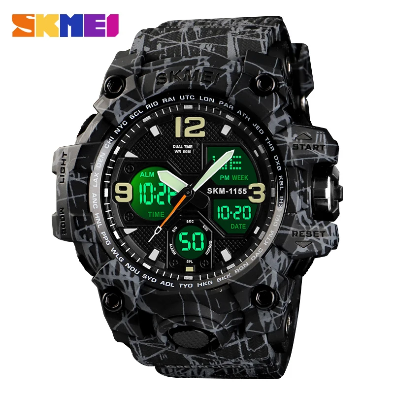 Военные часы, армейские мужские наручные часы, светодиодный, кварцевые часы, цифровые, двойное время, 50 м, водонепроницаемые часы, 1155B, reloj hombre, спортивные часы - Цвет: Gray Black Watch
