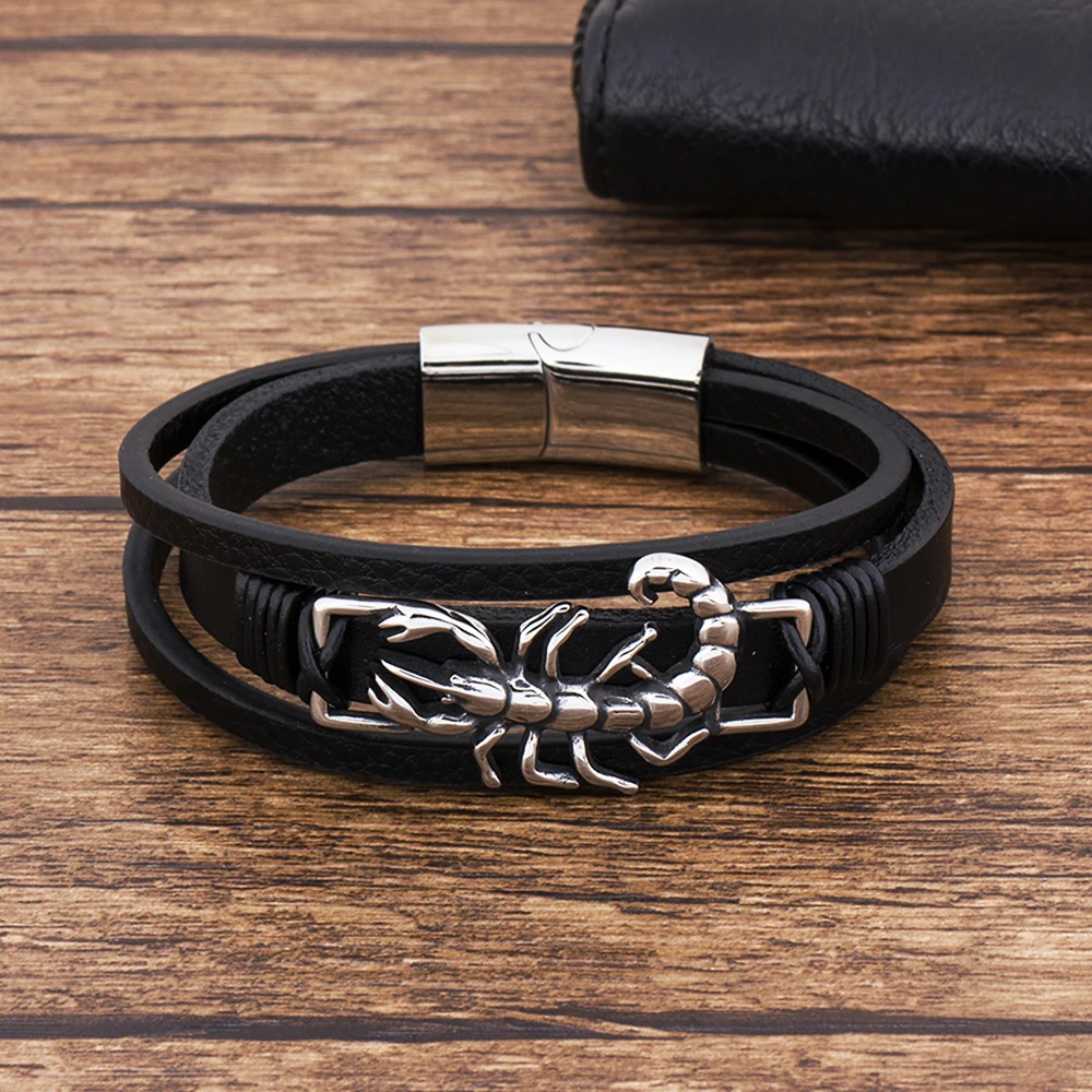 Handmade Charm Punk Rope Metal Stainless Steel Genuine Leather Men Bracelets Animal Shrimp Magnetic Clasp Black Jewelry