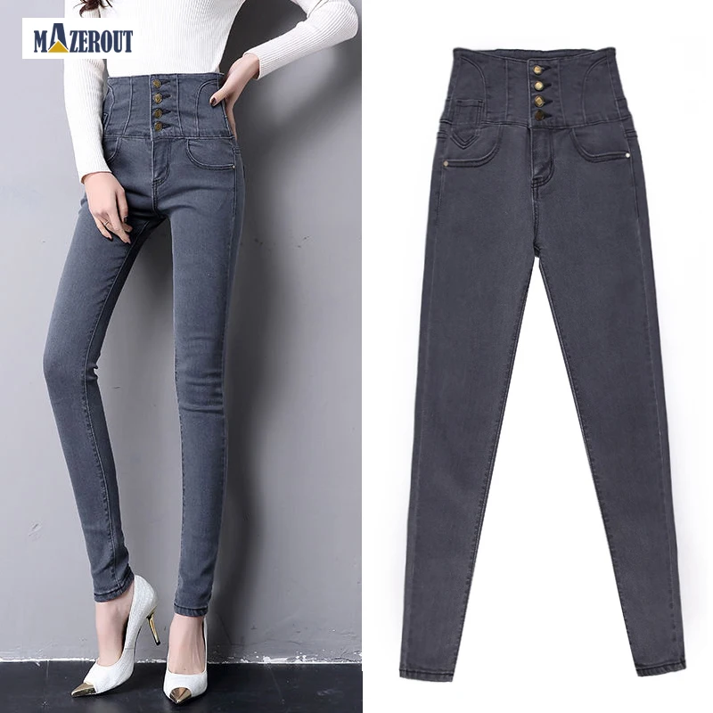

MAZEROUT autumn jeans women Demin Vintage High Waist Revit Zipper spring Slim Skinny Trouers high elastic Pencil Stretch S-6XL