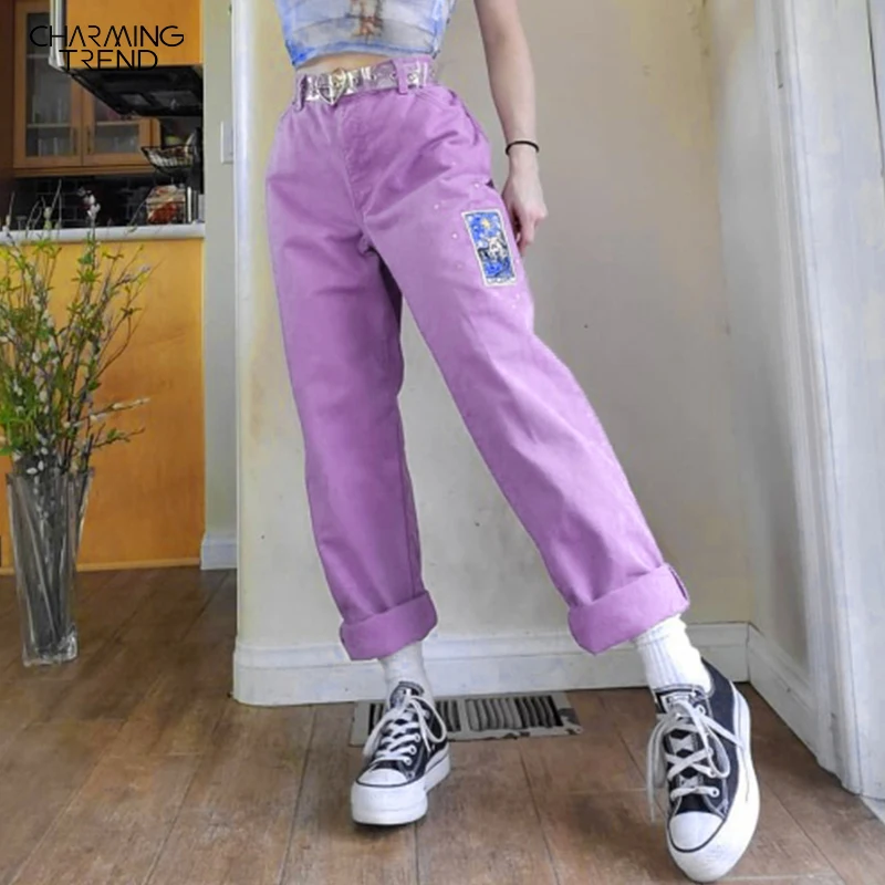 Cartoon Pattern Women's Pants High Waist Vintage Straight Trousers For Ladies Summer Autumn Women Casual Streetwear Pants Light Cartoon Pattern Women's Pants High Waist Vintage Straight Trousers For Ladies Summer Autumn Women Casual Streetwear Pants Light