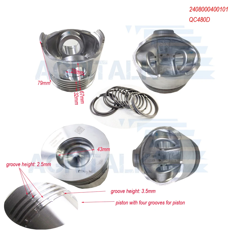 Quanchai QC380D/QC480D(both models are directly injection), set of piston with piston rings for one engine use, part number