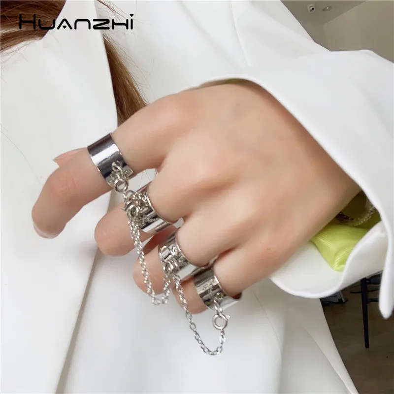 Novedad de 2020! Cadena Simple cuatro dedos HUANZHI Punk Hip Hop, anillos giratorios de Metal de Color plateado para chicas guays - Joyería y accesorios